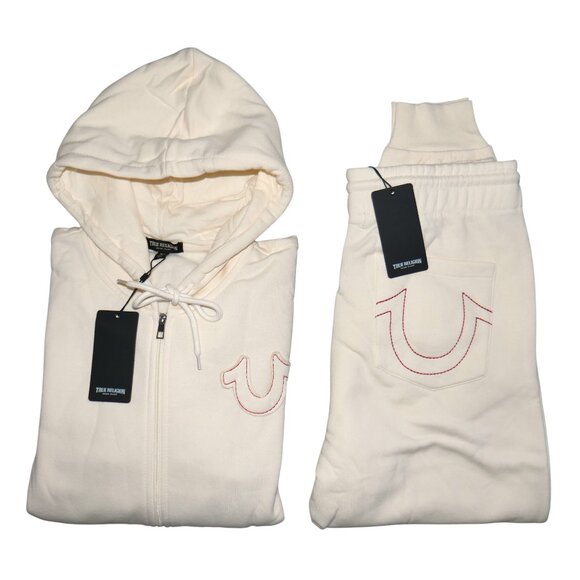 True Religion Men's 2 PC Sweatsuit White Chocolate Candy Cane Hoodie Joggers Set - Picture 1 of 11
